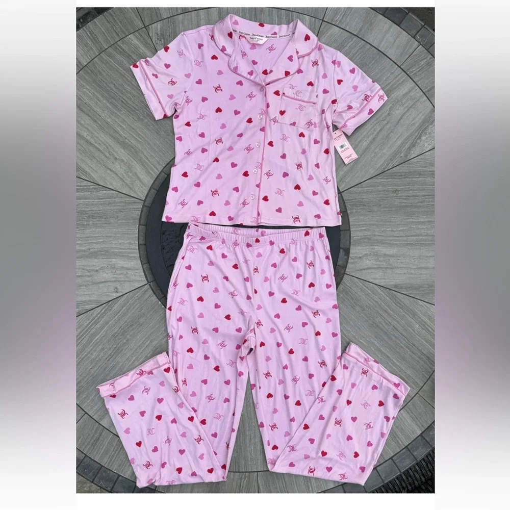 Juicy Couture Heart Logo Pajama Set Sleepwear Shirt/Pants JC Toss Pink  New - Picture 6 of 9